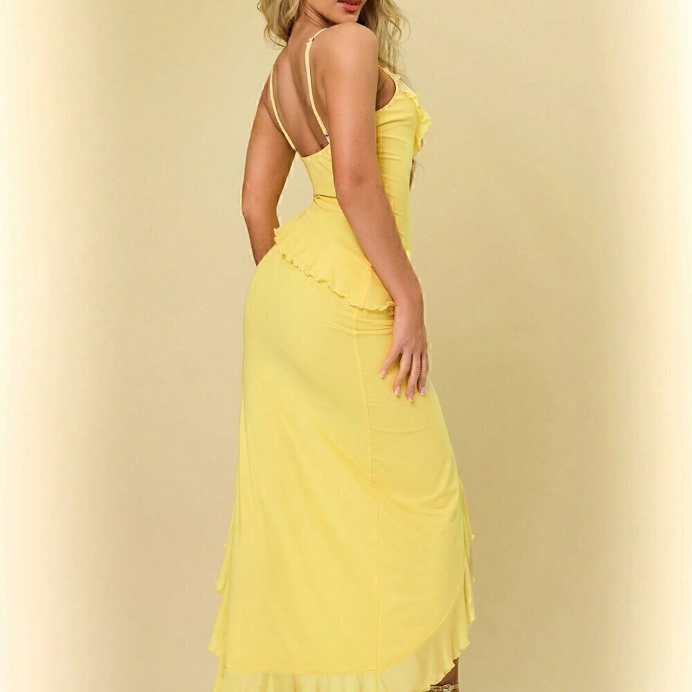 Women's High Slit Halter Neck Dress With Ruffle Hem Yellow - Picture 2 of 6